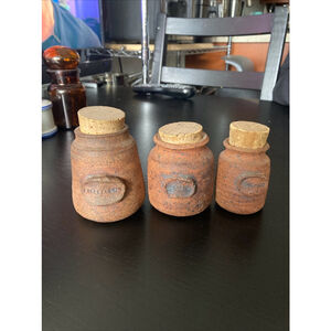 Hand made Spice Jar Set Brown Ceramic Cork Lid Kitchen Decor